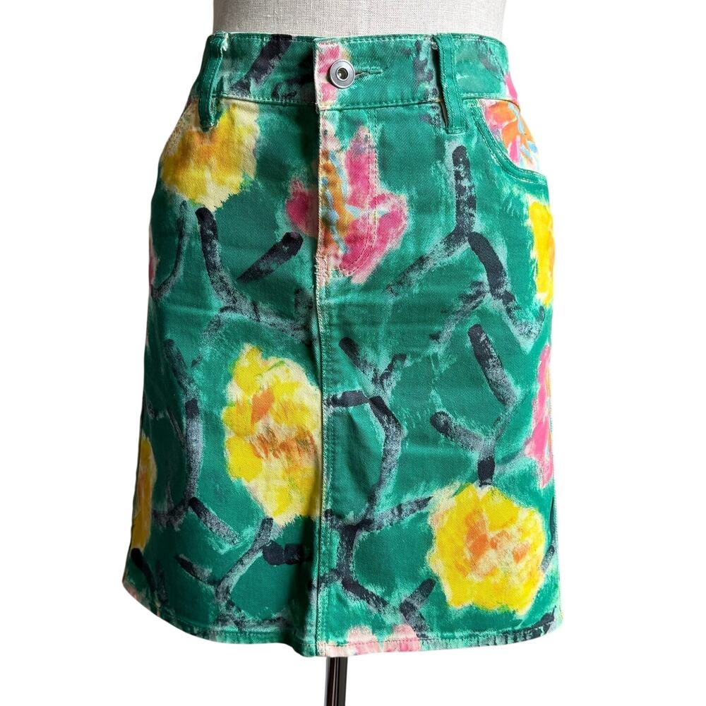 Anthropologie Floral Hand-Painted Print Mini Skirt Green Multicolor Sz 27